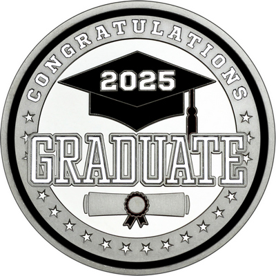 White "Congratulations Graduate 2025" with Black Rim, Tassel & Ribbon